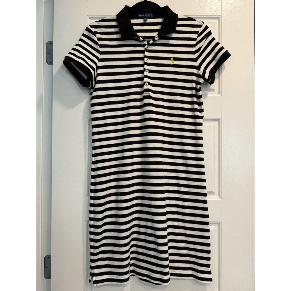 Ralph Lauren Black & White Stripe Polo Dress 100% Cotton Preppy Country Club